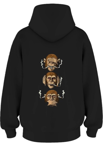 Oversize 'blınd Monkey' Baskılı Kapşonlu Hoodie Sweatshirt