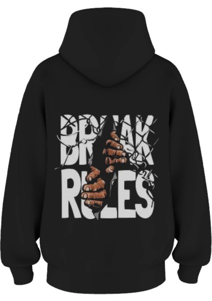 Oversize 'break Rules' Baskılı Kapşonlu Hoodie Sweatshirt