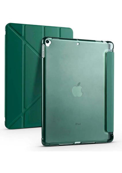 Apple iPad 8.nesil 10.2.inç 2020 A2270-A2428-A2429-A2430 - Kılıf Kalem Bölmeli Standlı Tri Folding Kılıf - Koyu Yeşil