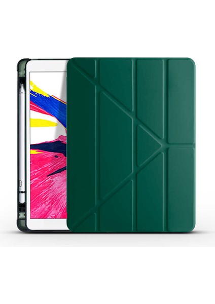 Apple iPad 8.nesil 10.2.inç 2020 A2270-A2428-A2429-A2430 - Kılıf Kalem Bölmeli Standlı Tri Folding Kılıf - Koyu Yeşil
