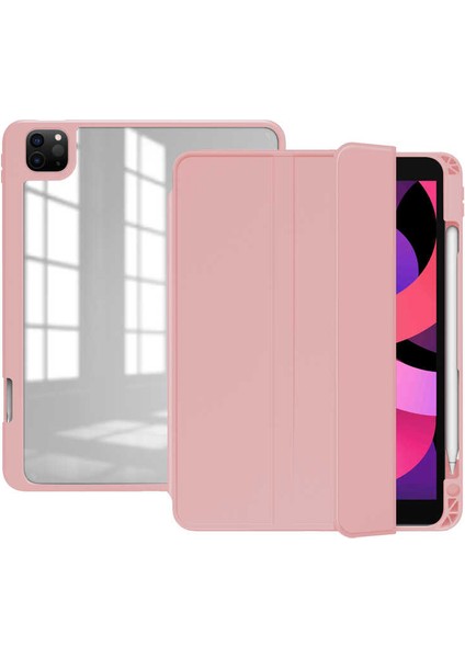 Apple iPad Pro 12.9.inç 5.nesil 2021 A2378-A2461-A2379-A2462 - Kılıf Korumalı Arkası Şeffaf Nort Standlı Kılıf - Pembe
