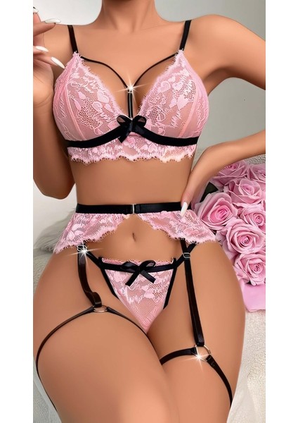 Pembe Seksı Sütyen Dantel Takım Siyah Britli