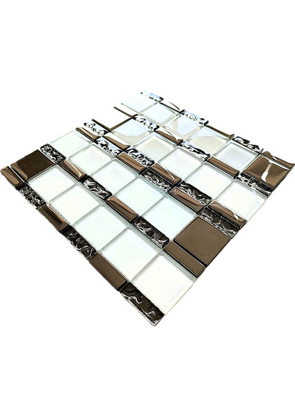 Mutfak Tezgah Arası, ve İç Dekorasyon İçin. 48X48MM. Beyaz-Krom. 30X30CM. Fileli Kristal Cam Mozaik. ( 1 M2 Fiyatıdır ) fırsatları