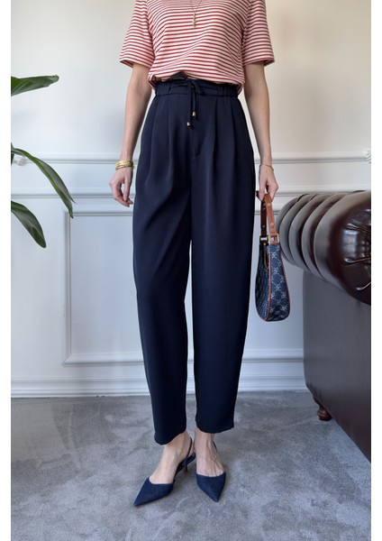 Beli Lastikli Bağlama Detay Pantolon- Lacivert