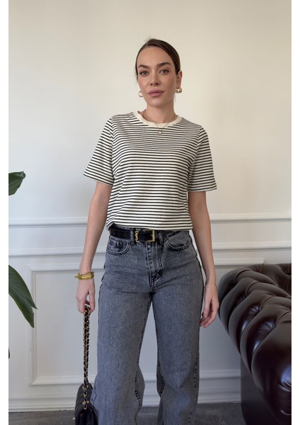 Marka Model Çizgili Kısa Kol Tshirt- Siyah