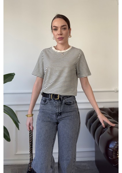 Marka Model Çizgili Kısa Kol Tshirt- Siyah fırsatları