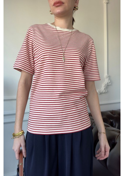Marka Model Çizgili Kısa Kol Tshirt- Kırmızı fiyatları