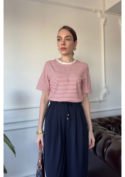 Marka Model Çizgili Kısa Kol Tshirt- Kırmızı modelleri