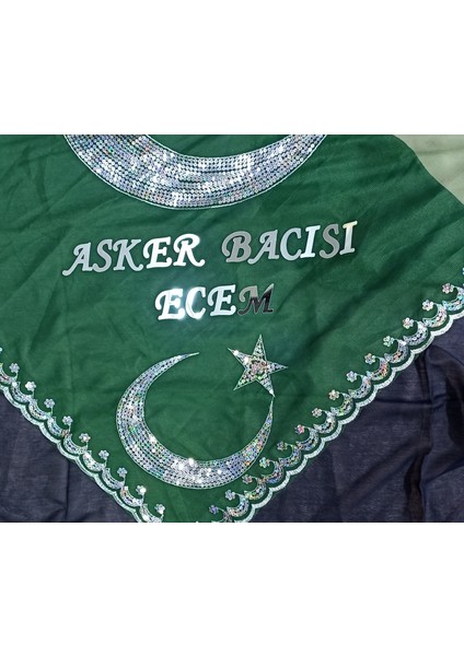 Kişiye Özel Asker Bacısı ve Isim Yazılı Yeşil Ayyildizli Kına Örtüsü Tirşe Şal eldivenli fiyatları