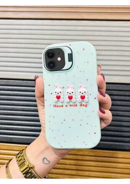 Iphone 11 Uyumlu Stantlı Pembe 3D Tavşanlı Telefon Kılıfı