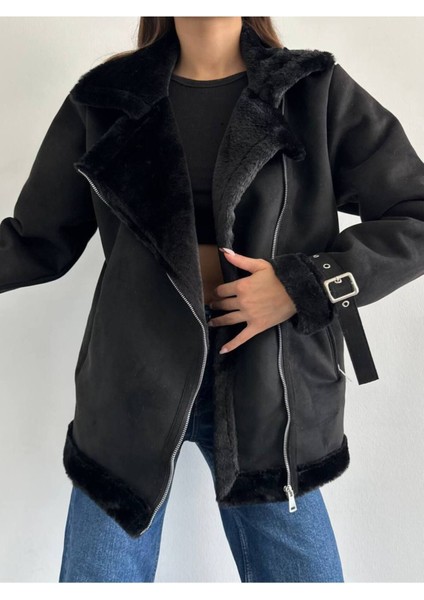 Kemer Detaylı Scuba Süet Tavşan Tüyü Biker Mont