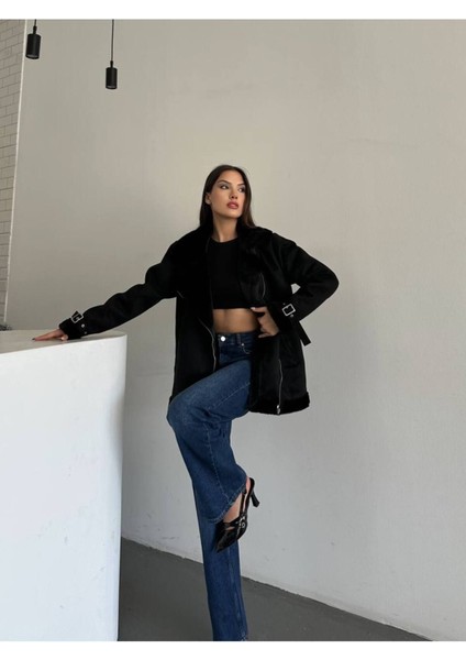 Kemer Detaylı Scuba Süet Tavşan Tüyü Biker Mont modelleri