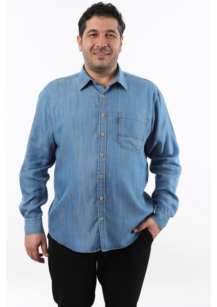 Büyük Beden Keten Efektli Mavi Kot Erkek Gömlek BTL-3027-TSS