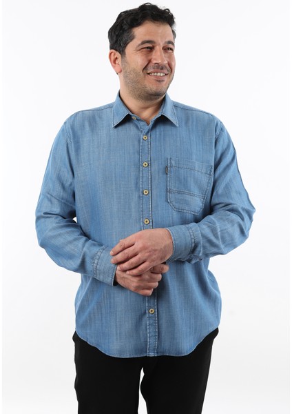 Büyük Beden Keten Efektli Mavi Kot Erkek Gömlek BTL-3027-TSS fiyatları