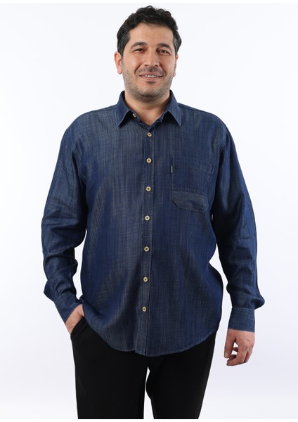 Büyük Beden Keten Efektli Lacivert Kot Erkek Gömlek BTL-3029-TSS