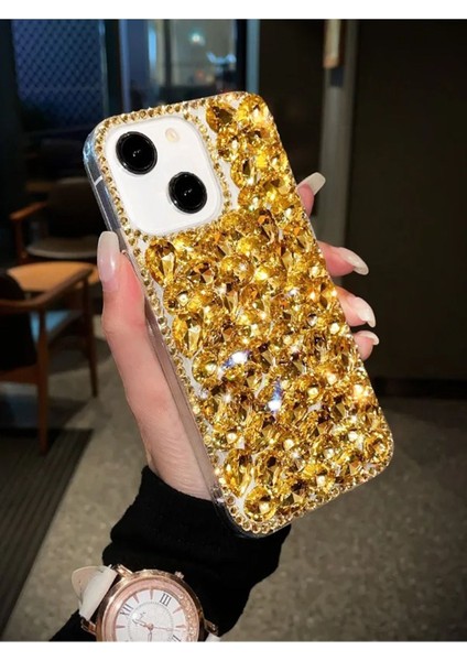 Iphone 13 ve 14 Uyumlu Gold Taşlı Kokoş Telefon Kılıfı