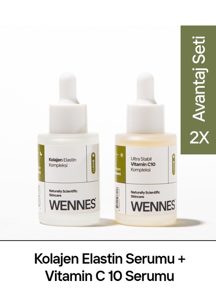 | Elastin Kolajen Serum + 10% Saf C Vitamini Serum Avantajlı Set | Ihlamur Özü ve Niasinamid Destekli