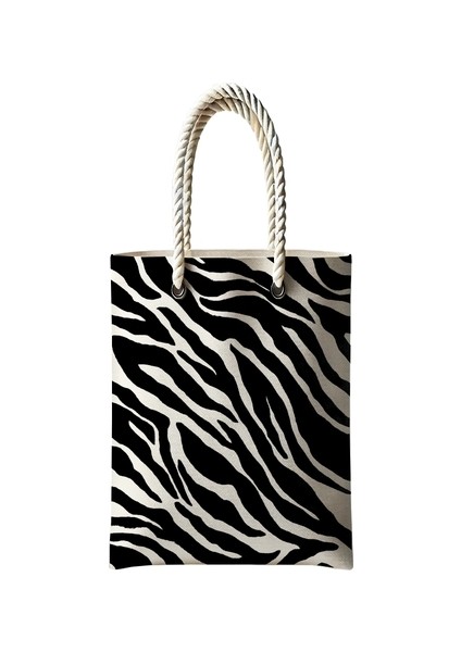 Desenli Plaj Çantası Zebra Desen Temalı Fermuarlı Bez Çanta
