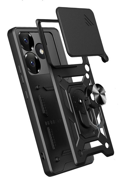 Poco F6 - Kılıf Magnetik Standlı Kamera Korumalı Sürgülü Vega Kapak - Siyah