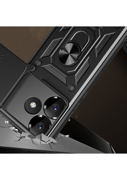 Poco F6 - Kılıf Magnetik Standlı Kamera Korumalı Sürgülü Vega Kapak - Siyah
