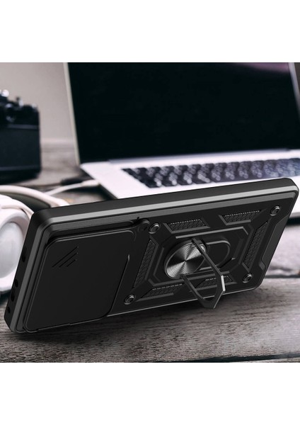 Poco F6 - Kılıf Magnetik Standlı Kamera Korumalı Sürgülü Vega Kapak - Siyah