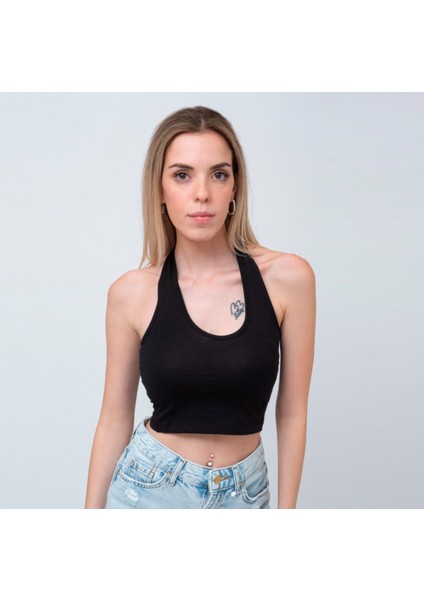 Boyundan Bağlamalı Siyah Crop Bluz