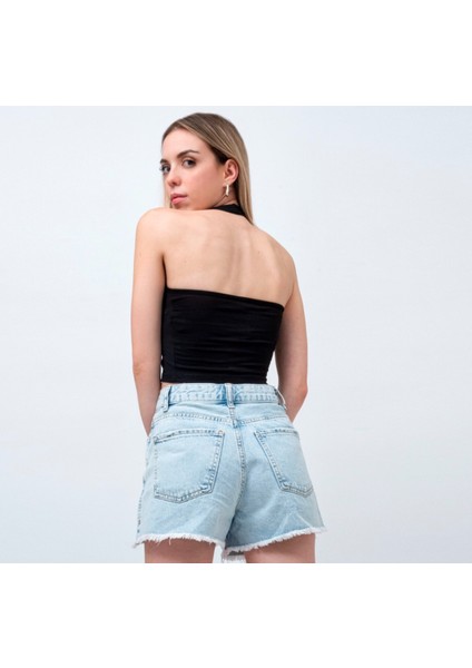 Boyundan Bağlamalı Siyah Crop Bluz