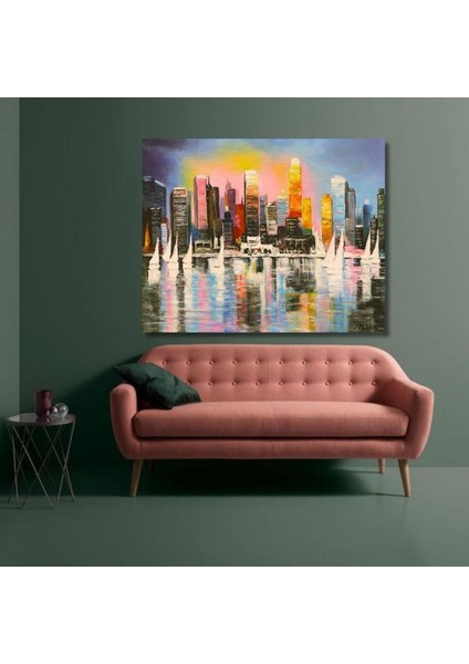Şehir Soyut El Yapımı Yağlı Boya Tablo 90X75CM