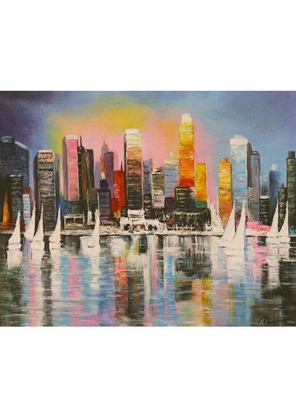 Şehir Soyut El Yapımı Yağlı Boya Tablo 90X75CM modelleri
