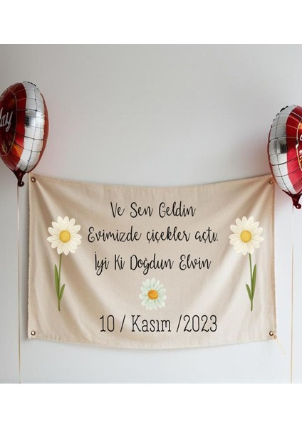 Çiçekli Isme Özel Doğum Günü Flaması Arka Fonu Afişi Duvar Halısı Örtüsü 65X100CM