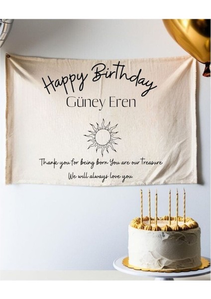 Isimli Güneş Baskılı Doğum Günü Arka Fon Flama Afiş Duvar Halısı 65 x 100 cm Yatay Banner