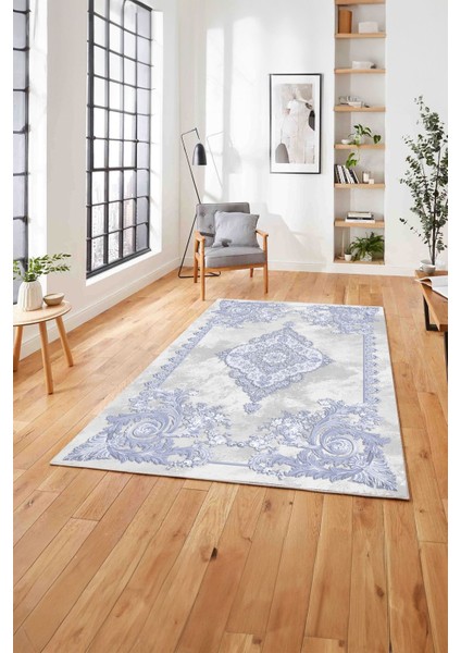 Dijital Baskılı Klasik Çiçek Motifli Yıkanabilir Kaymaz Yolluk Mutfak Salon Halısı, Klasik-31-Mavi,