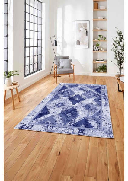 Klasik Kilim Desen Dijital Baskılı Yıkanabilir Kaymaz Yolluk Mutfak Salon Halısı,Klasik-76-Lacivert,