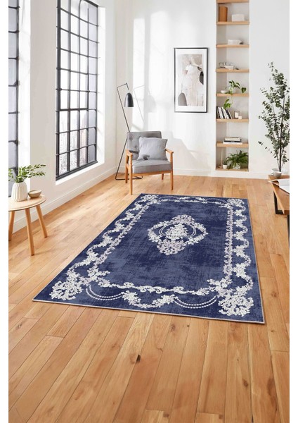 Baskılı Klasik Akrilik Model Yıkanabilir Kaymaz Yolluk Mutfak Salon Halısı, Klasik-33-Lacivert,