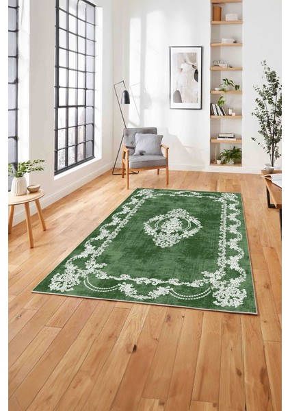 Baskılı Klasik Akrilik Model Yıkanabilir Kaymaz Yolluk Mutfak Salon Halısı, Klasik-33-Yeşil,