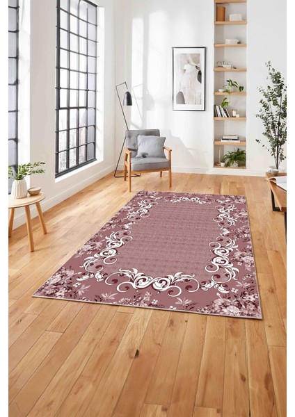 Klasik Sade Çiçek Model Baskılı Yıkanabilir Kaymaz Yolluk Mutfak Salon Halısı, Klasik-68-Pembe,
