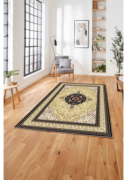 Baskılı Klasik Çerçeve Desen Yıkanabilir Kaymaz Yolluk Mutfak Salon Halısı, Klasik-43-Krem,