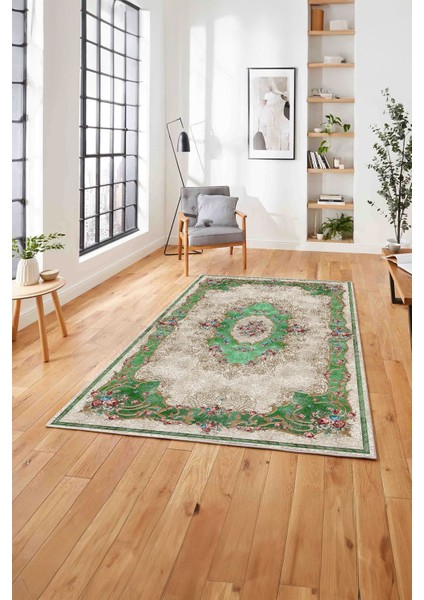 Klasik Çiçek Motifli Baskılı Yıkanabilir Kaymaz Yolluk Mutfak Salon Halısı, Klasik-71-Yeşil,