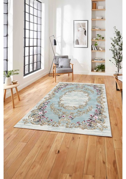 Dijital Baskılı Klasik Gül Motifli Yıkanabilir Kaymaz Yolluk Mutfak Salon Halısı, Klasik-56-Mavi,