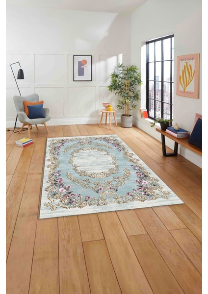 Dijital Baskılı Klasik Gül Motifli Yıkanabilir Kaymaz Yolluk Mutfak Salon Halısı, Klasik-56-Mavi, modelleri