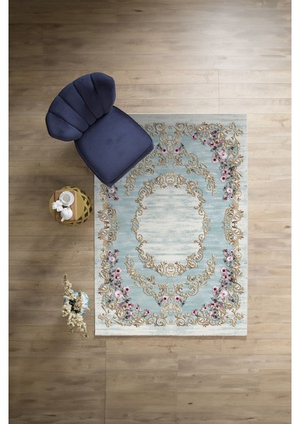 Dijital Baskılı Klasik Gül Motifli Yıkanabilir Kaymaz Yolluk Mutfak Salon Halısı, Klasik-56-Mavi, indirimleri