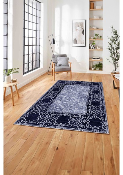 Klasik Afgan Motifli Baskılı Yıkanabilir Kaymaz Yolluk Mutfak Salon Halısı, Klasik-63-Lacivert,