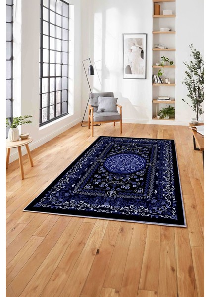 Baskılı Klasik Afgan Desenli Yıkanabilir Kaymaz Yolluk Mutfak Salon Halısı, Klasik-42-Lacivert,