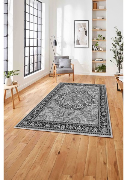 Baskılı Klasik Çerçeve Model Yıkanabilir Kaymaz Yolluk Mutfak Salon Halısı, Klasik-40-Gri,