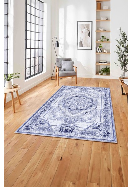 Klasik Otantik Model Baskılı Yıkanabilir Kaymaz Yolluk Mutfak Salon Halısı, Klasik-70-Lacivert,
