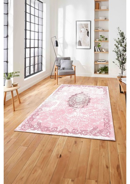 Baskılı Klasik Dekoratif Model Yıkanabilir Kaymaz Yolluk Mutfak Salon Halısı, Klasik-49-Pembe,