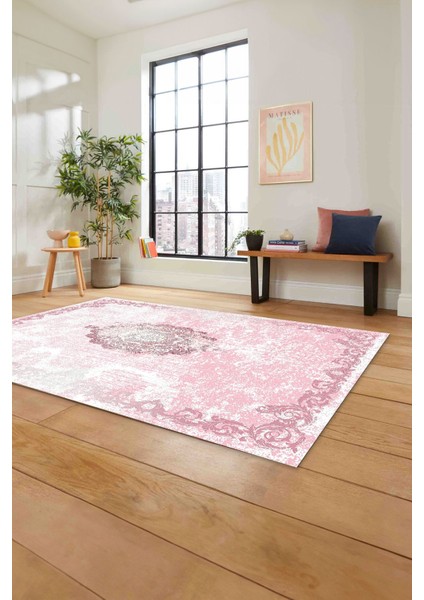 Baskılı Klasik Dekoratif Model Yıkanabilir Kaymaz Yolluk Mutfak Salon Halısı, Klasik-49-Pembe, fırsatları