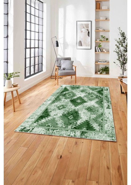 Klasik Kilim Desen Dijital Baskılı Yıkanabilir Kaymaz Yolluk Mutfak Salon Halısı, Klasik-76-Yeşil,