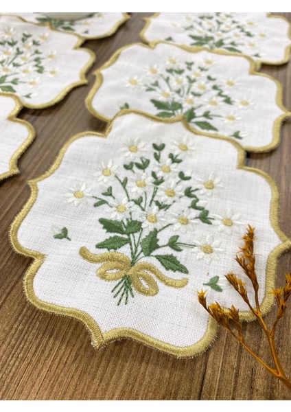 Gold Papatya 6'lı Kokteyl Peçetesi Linen Keten Sırma Nakış Işlemeli Kahve Yanı Sunumluk