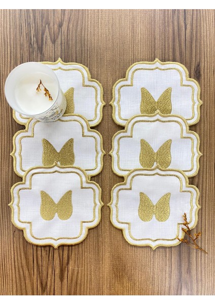 Gold Angel Linen Keten 6'lı Kokteyl Peçetesi Sırma Nakış Işlemeli Kahve Yanı Sunumluk